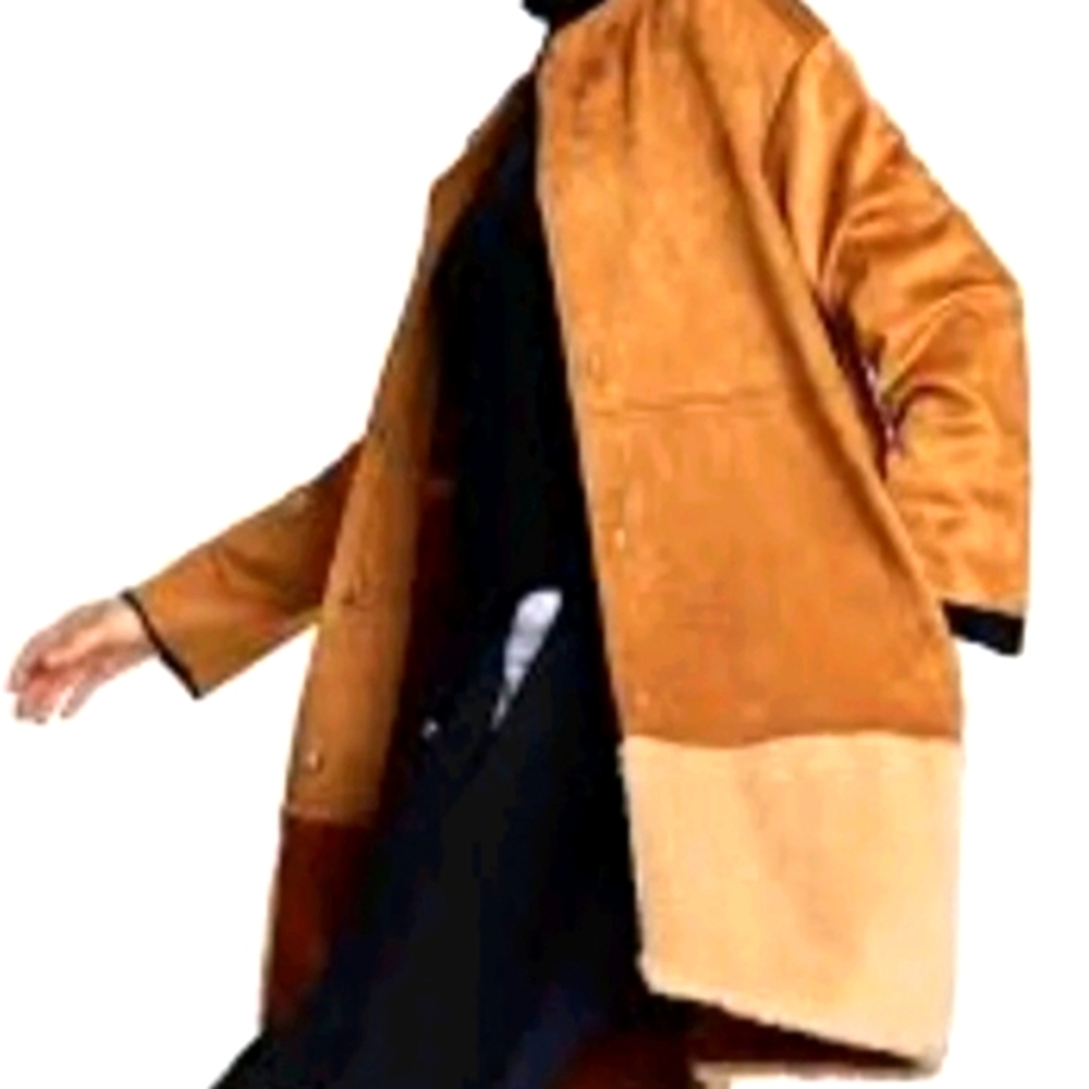 NWT Zara Suede Fur Coat with Faux Fur Trim Camel/Cognac Color Sz Lg